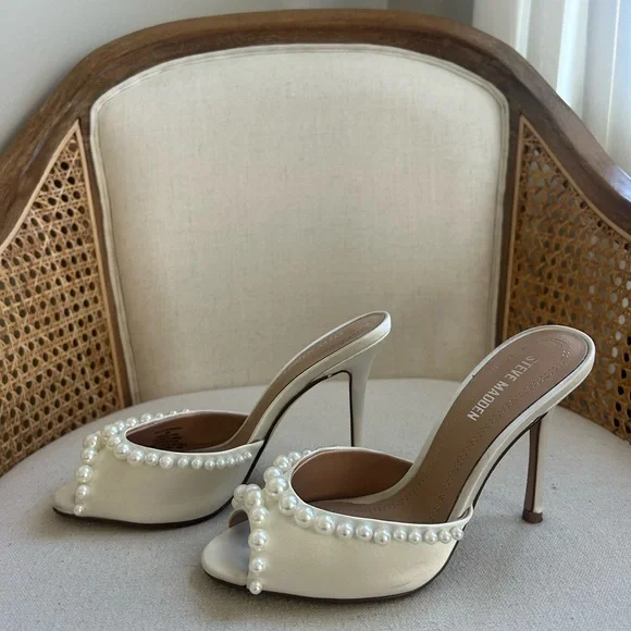 Steve Madden Cream Pearl-Embellished Heels - Picture 2 of 3